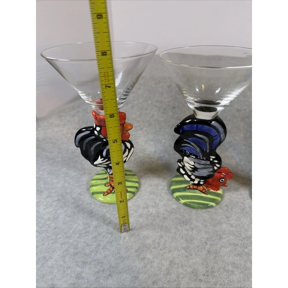 Vintage Nicole Engblom Hand Painted Rooster Martini Cocktail Glass Set Of 4 Rare